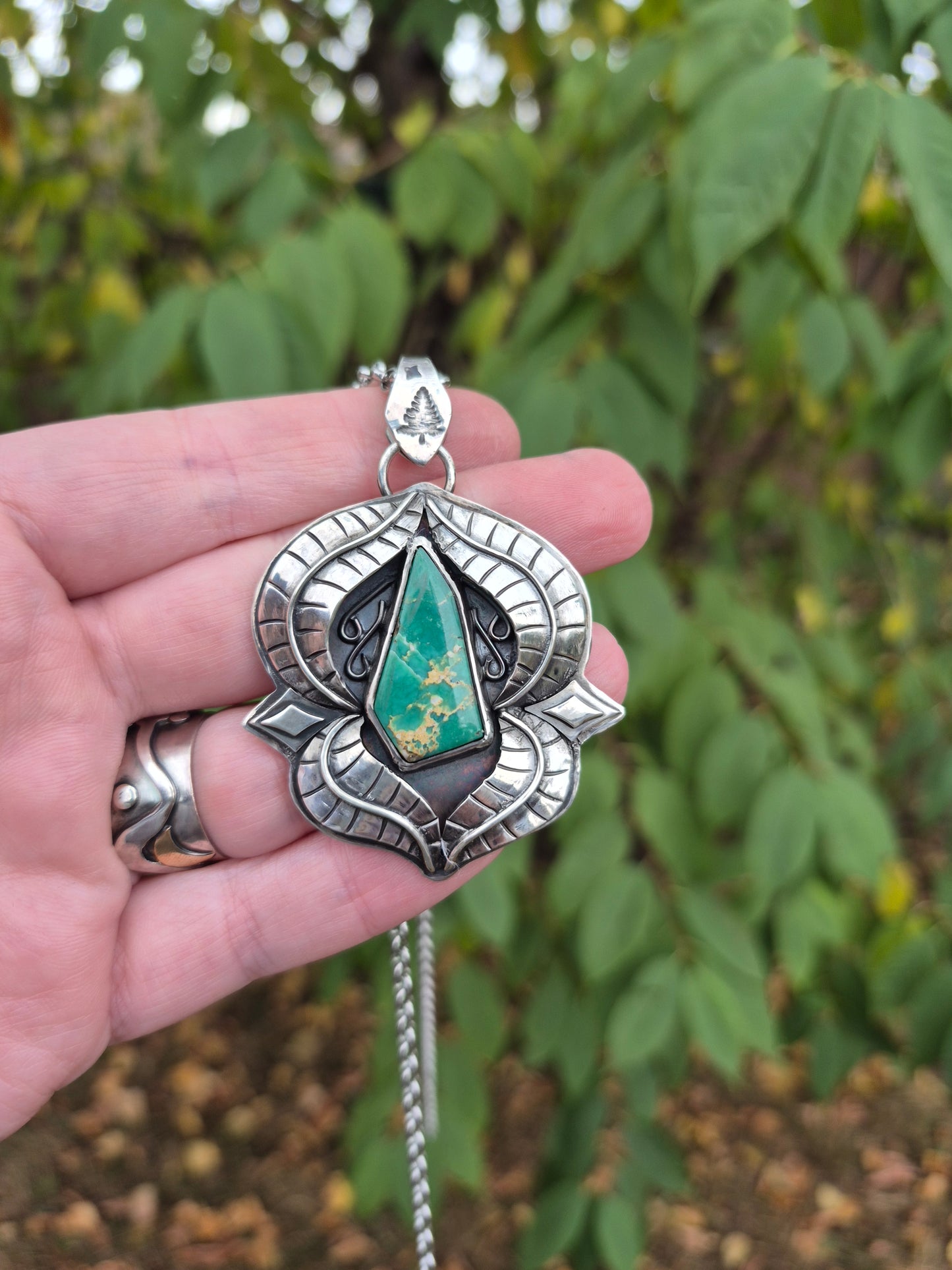 The Pathway Pendant – Elongated Turquoise & Silver Leaves