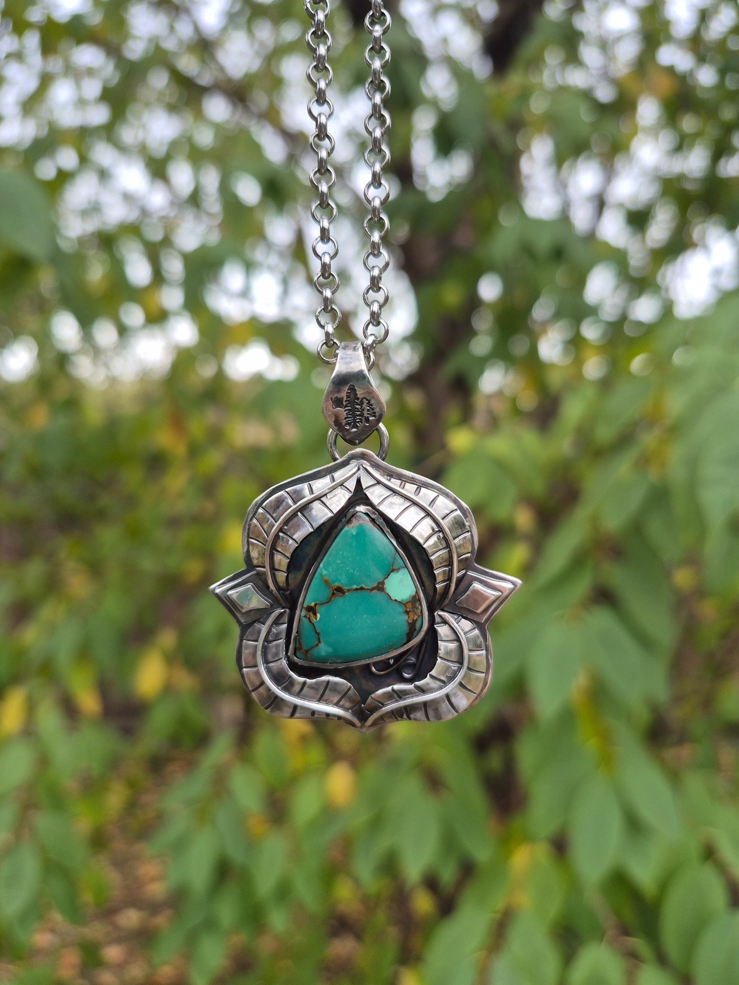 The Renewal Necklace – Green Turquoise & Silver Leaves