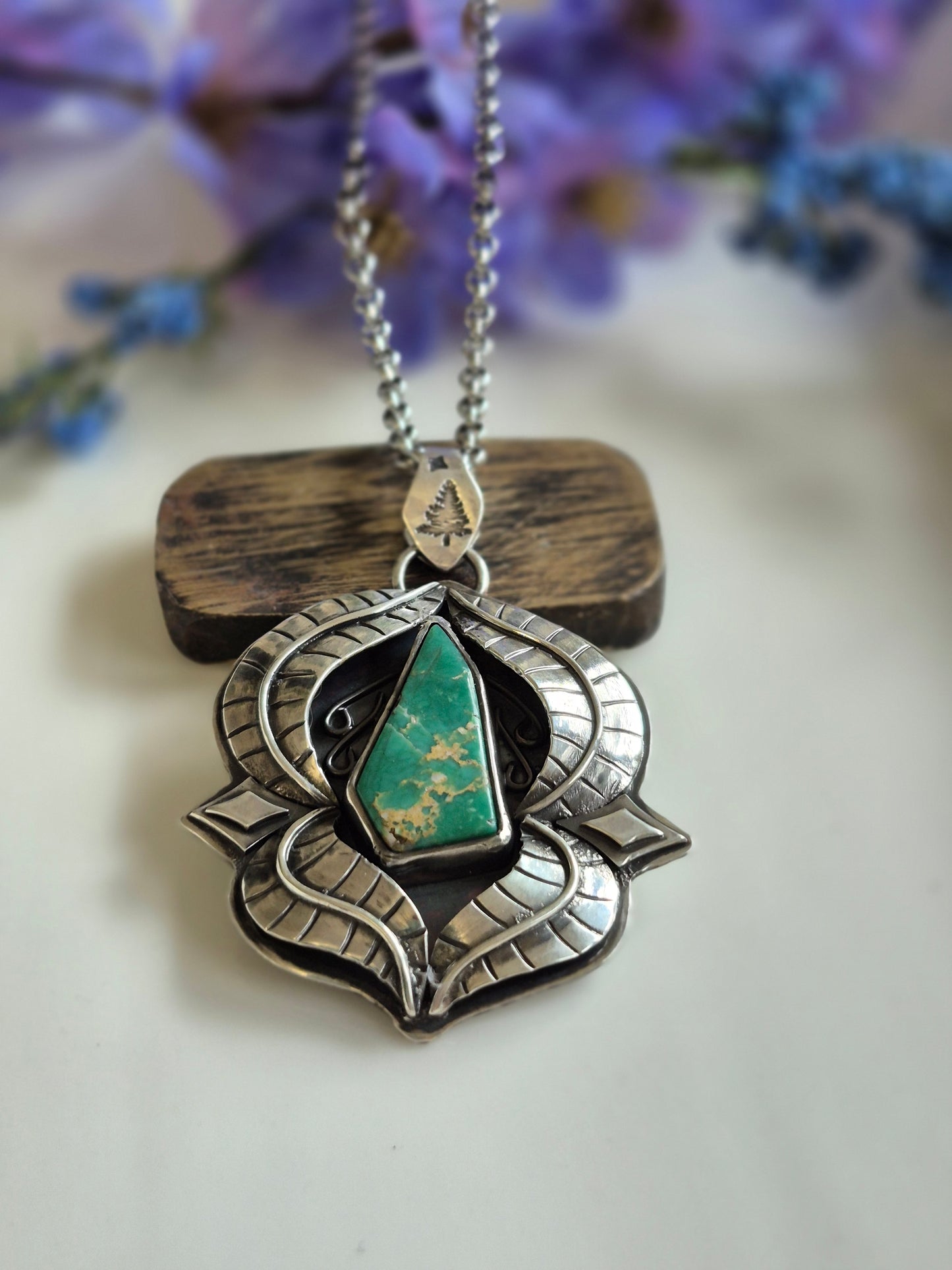 The Pathway Pendant – Elongated Turquoise & Silver Leaves