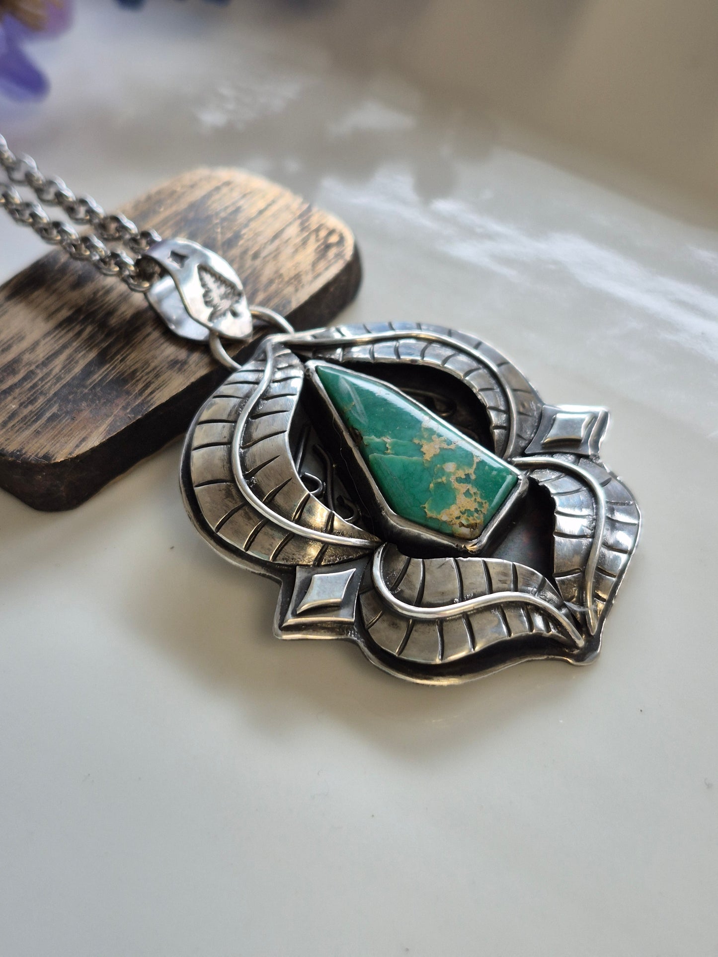 The Pathway Pendant – Elongated Turquoise & Silver Leaves