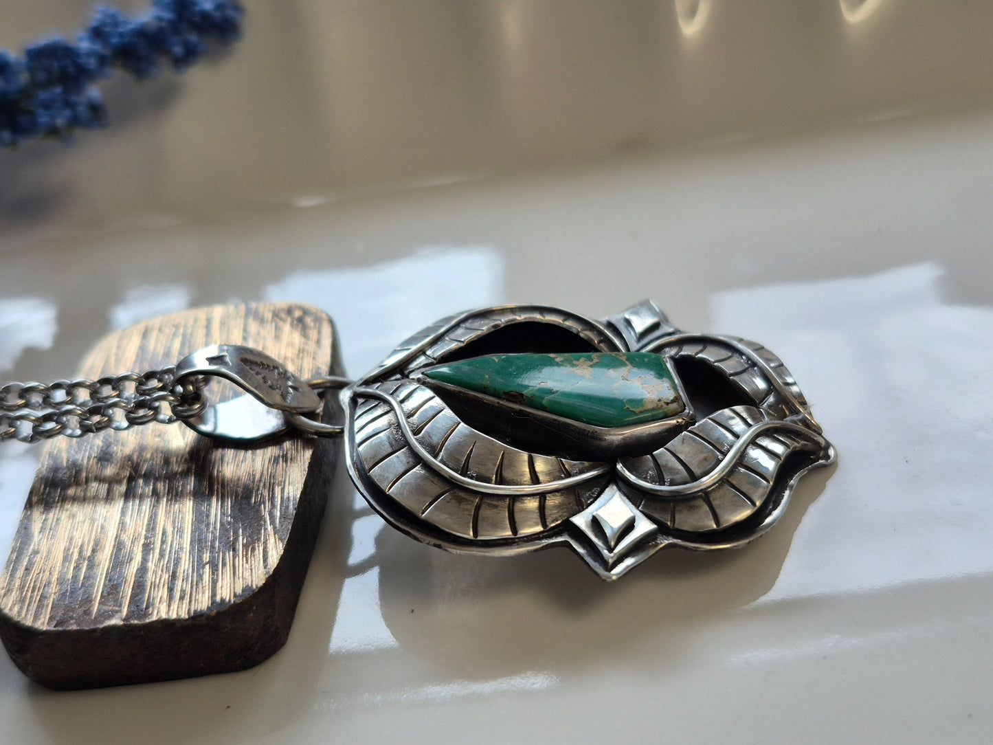 The Pathway Pendant – Elongated Turquoise & Silver Leaves