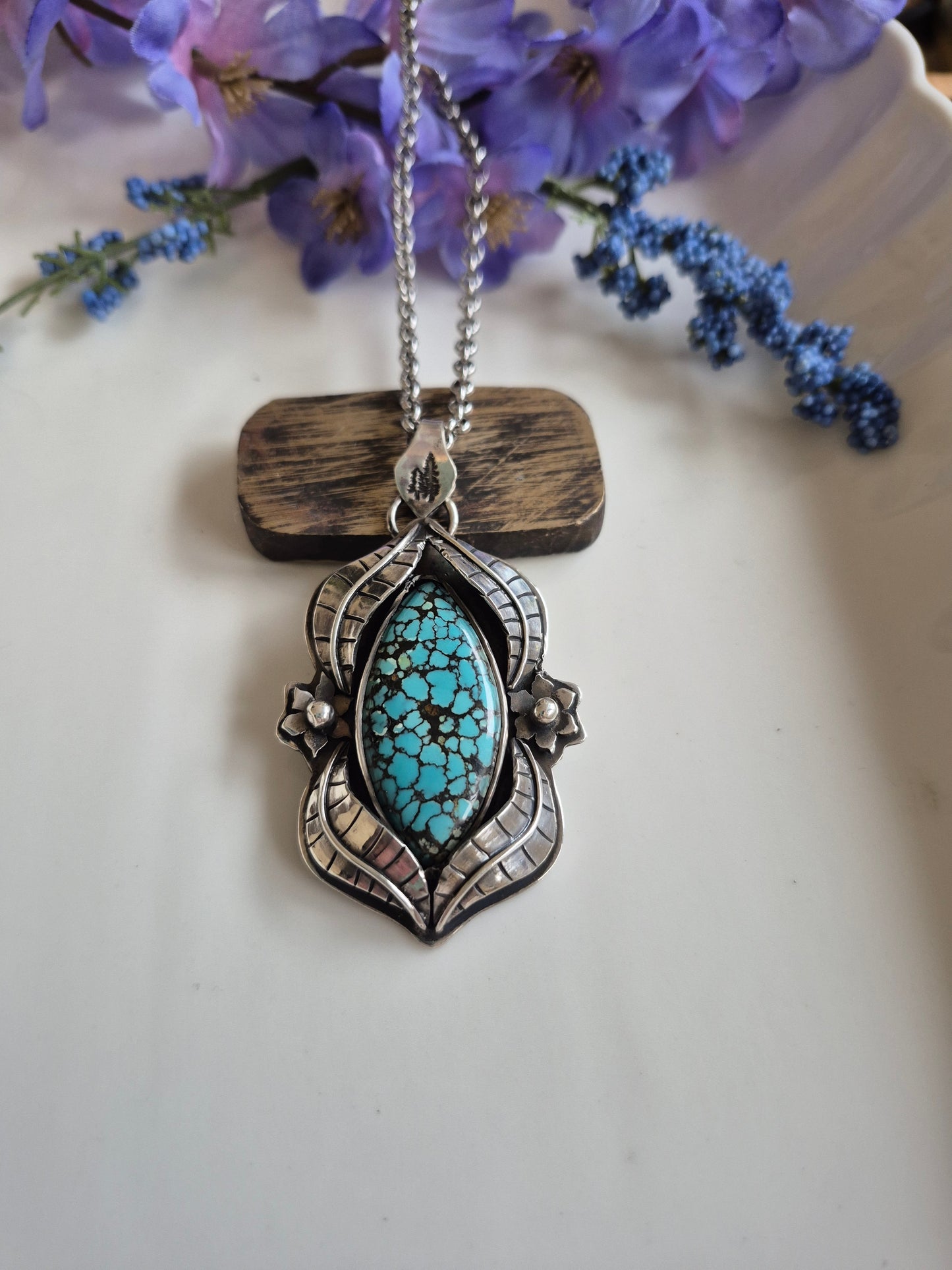 The Earthsong Necklace – Webbed Turquoise & Silver Leaves