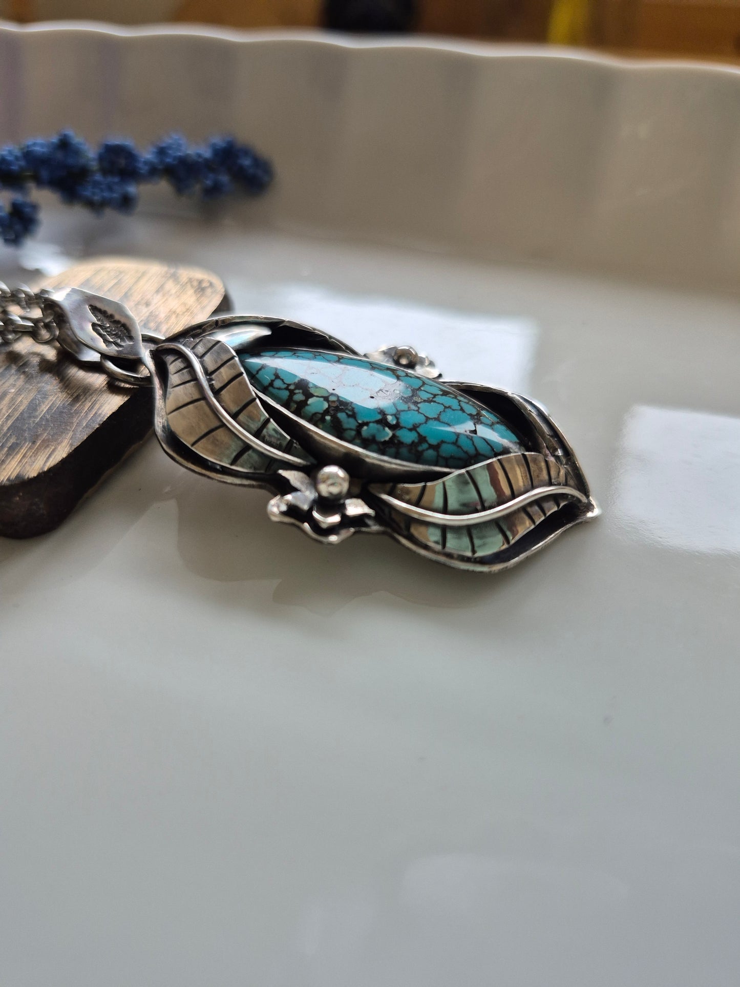 The Earthsong Necklace – Webbed Turquoise & Silver Leaves
