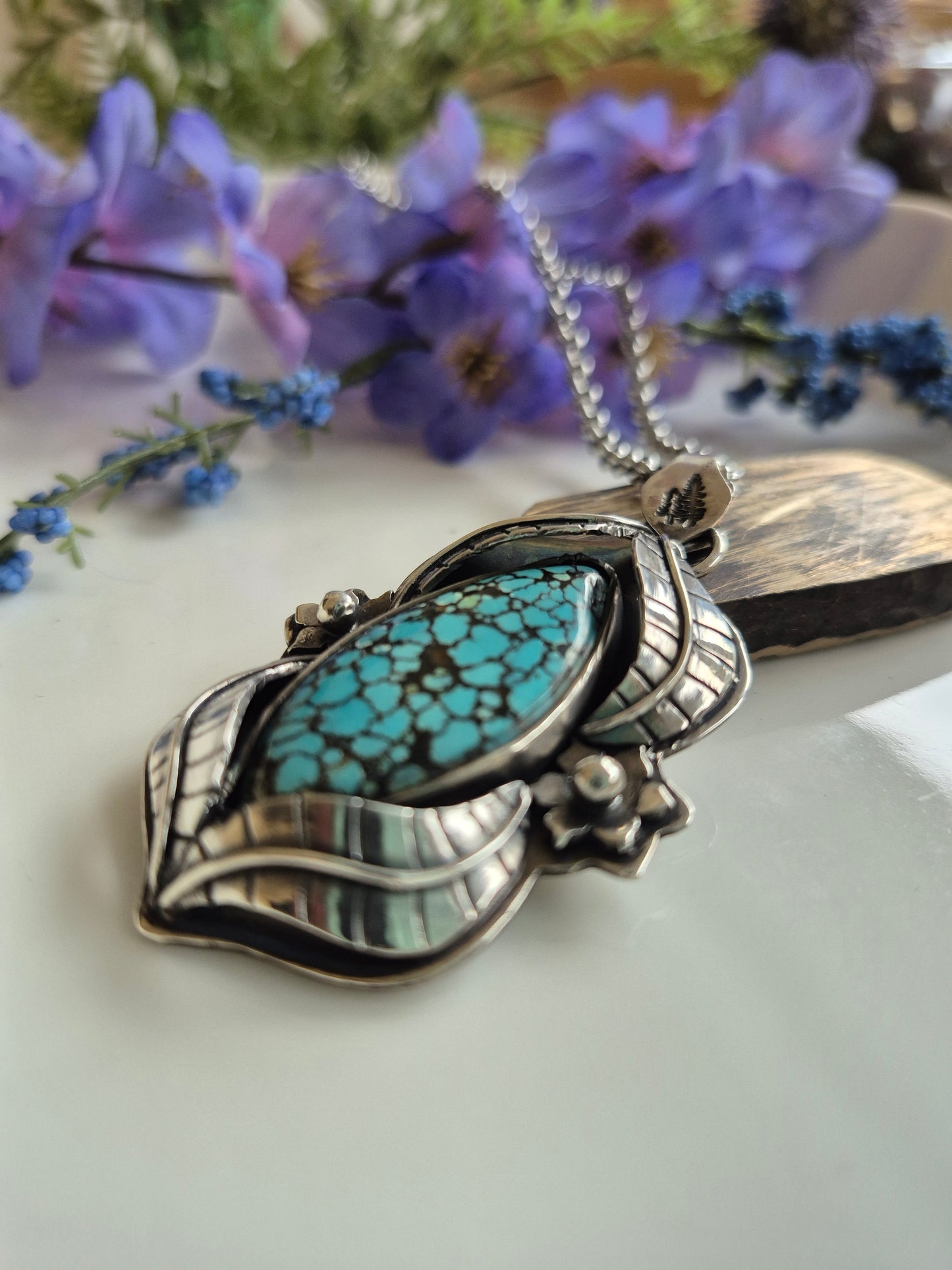 The Earthsong Necklace – Webbed Turquoise & Silver Leaves