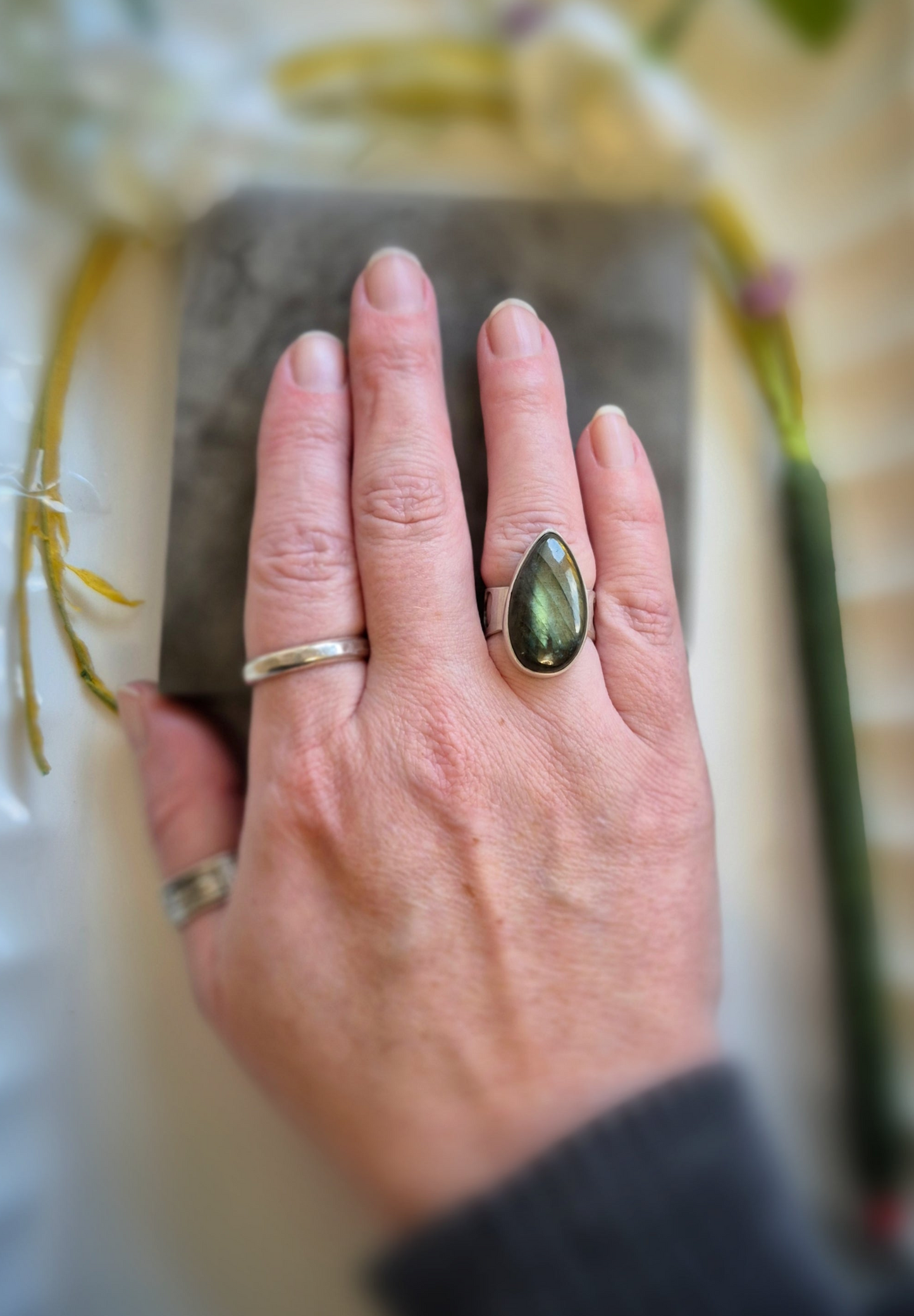 Northern Pulse Ring - Sterling Silver Labradorite - Wood Bison Metal