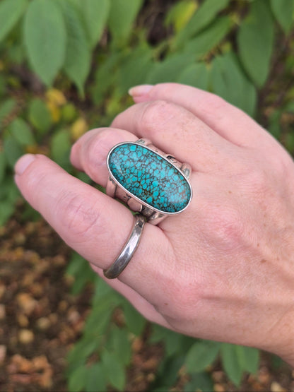 Hand wearing two rings with turquoise stones against a natural background