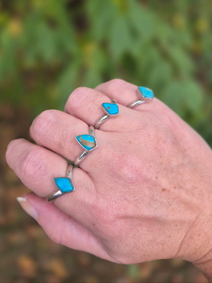 Hand wearing multiple turquoise stone rings with a blurred natural background