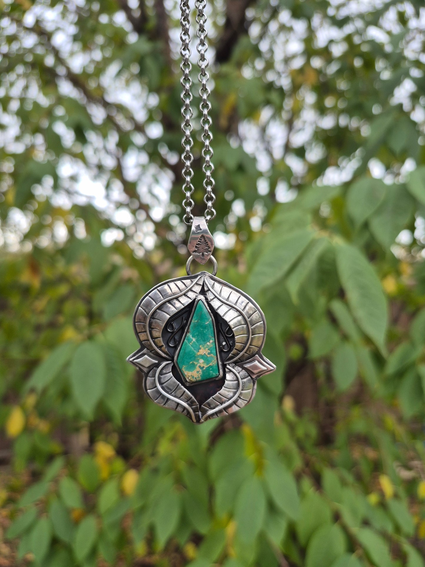 The Pathway Pendant – Elongated Turquoise & Silver Leaves