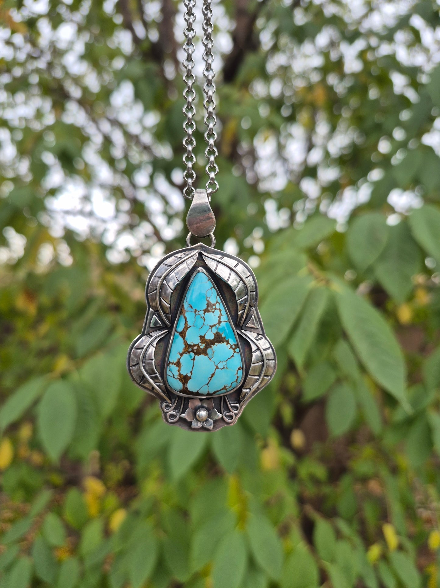 The Becoming Necklace – Blue Turquoise & Silver Leaves