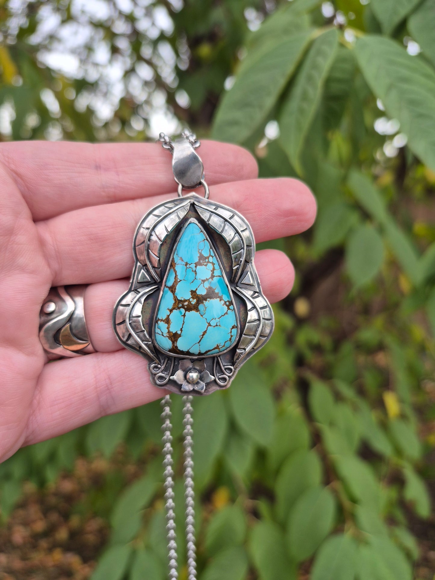 The Becoming Necklace – Blue Turquoise & Silver Leaves
