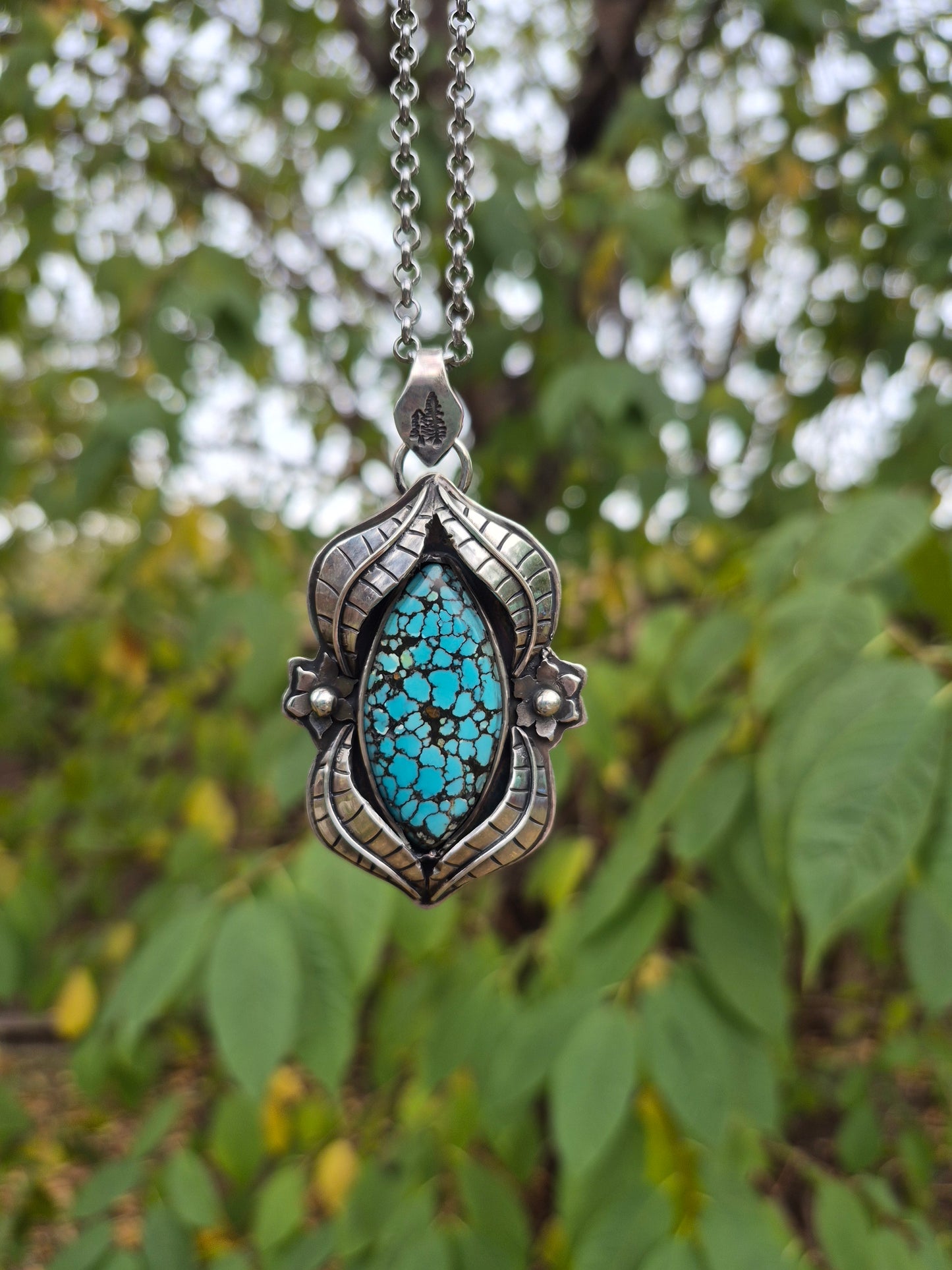 The Earthsong Necklace – Webbed Turquoise & Silver Leaves