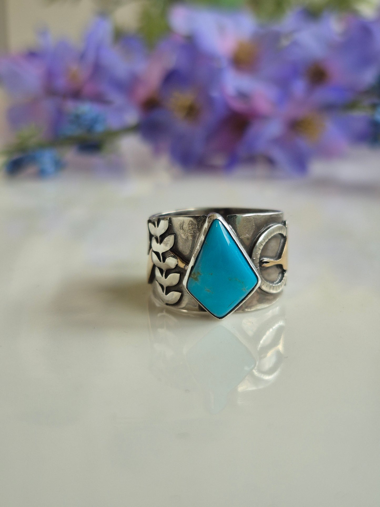 The Solstice Ring – Kingman Turquoise & Brass Serpent
