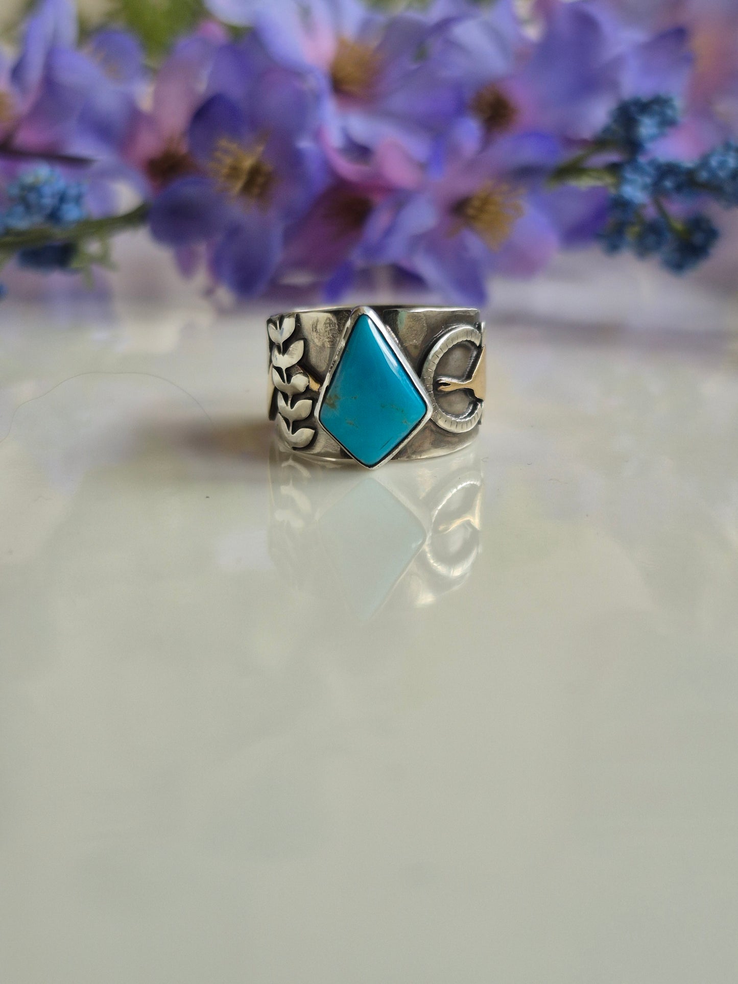 The Solstice Ring – Kingman Turquoise & Brass Serpent