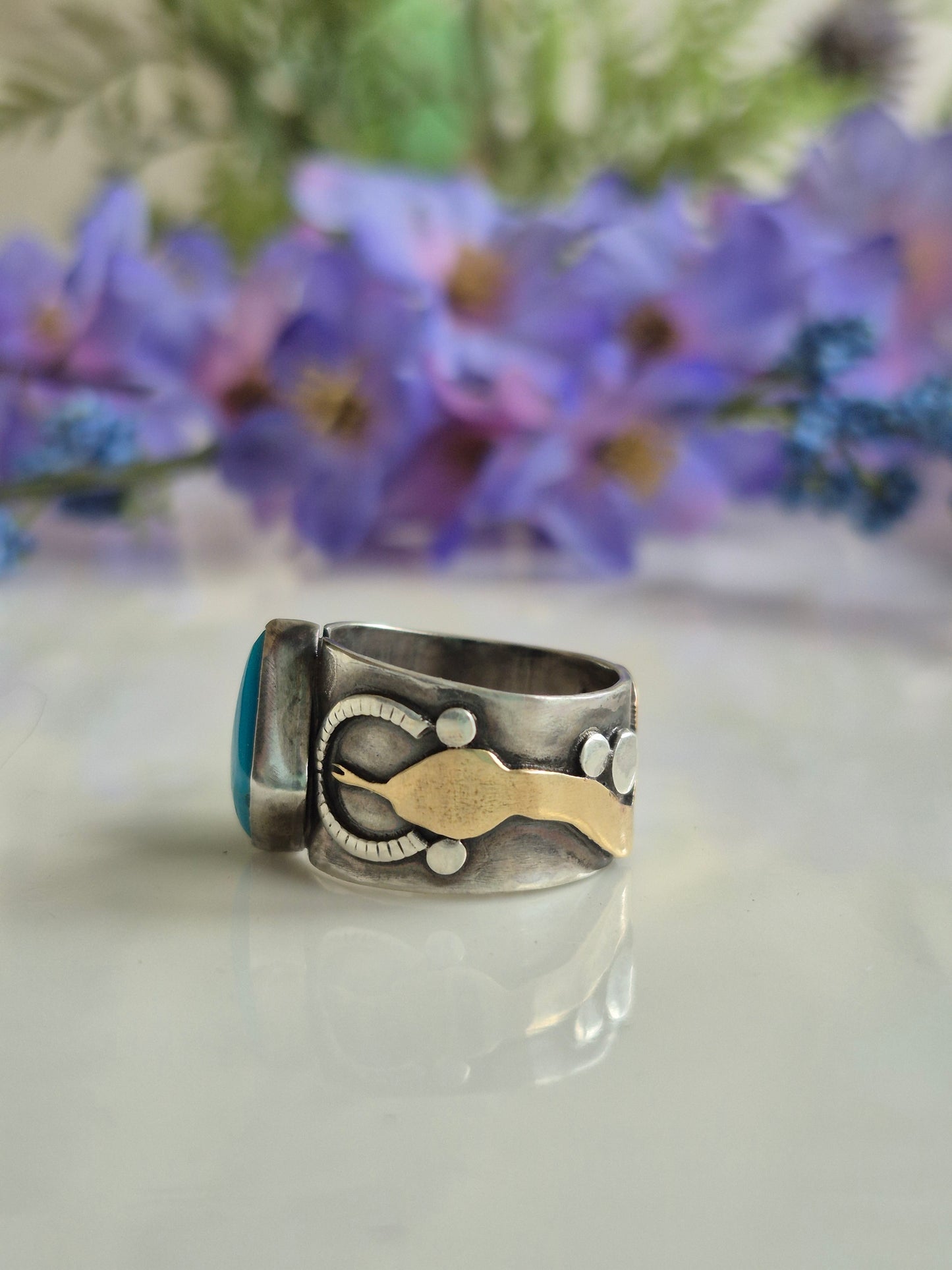 The Solstice Ring – Kingman Turquoise & Brass Serpent