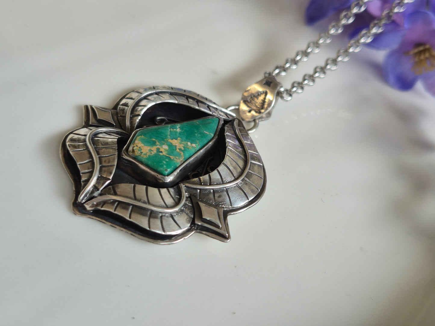 The Pathway Pendant – Elongated Turquoise & Silver Leaves