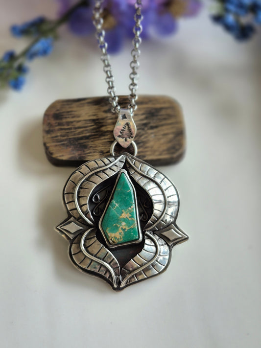 The Pathway Pendant – Elongated Turquoise & Silver Leaves