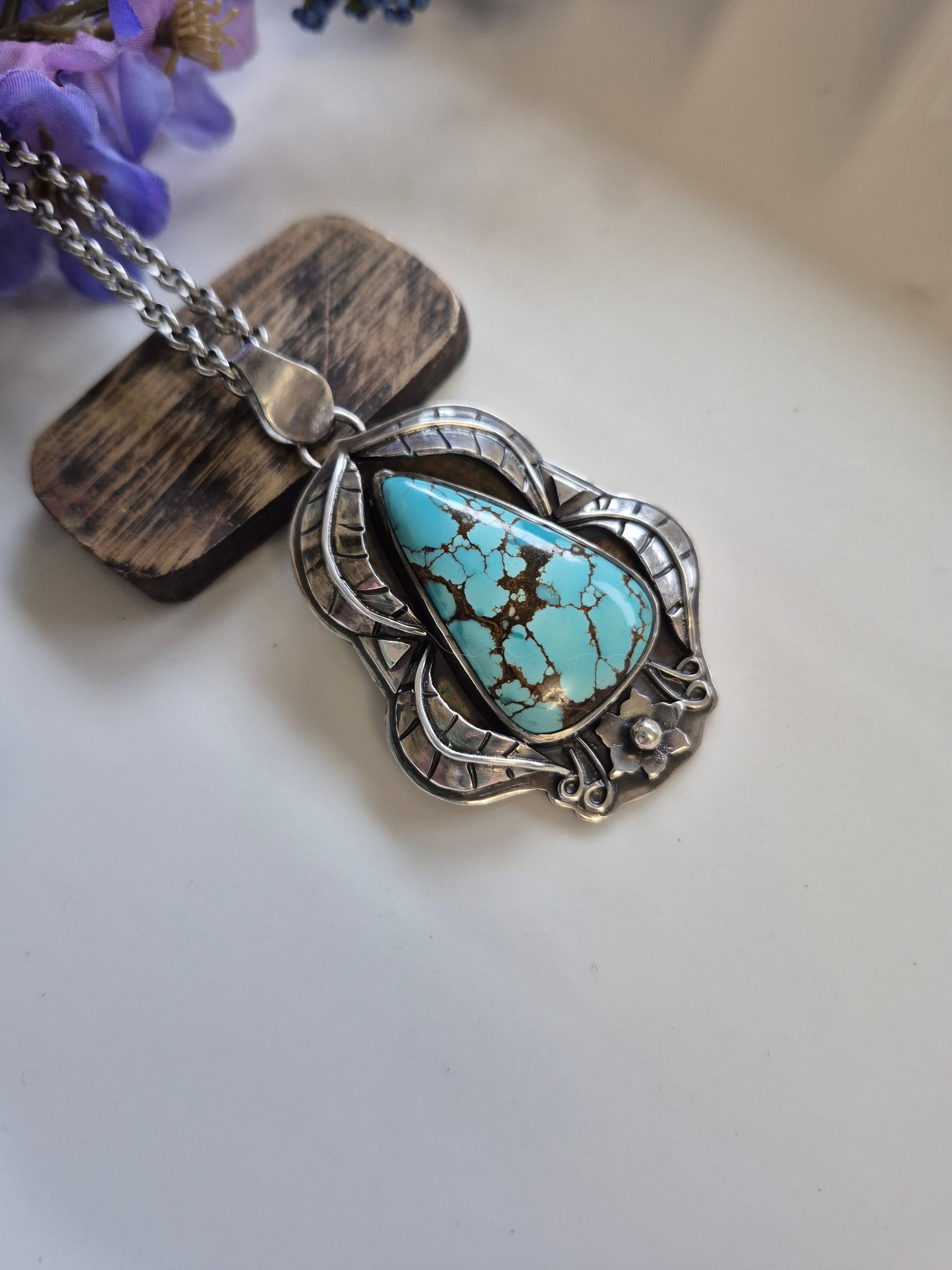 The Becoming Necklace – Blue Turquoise & Silver Leaves