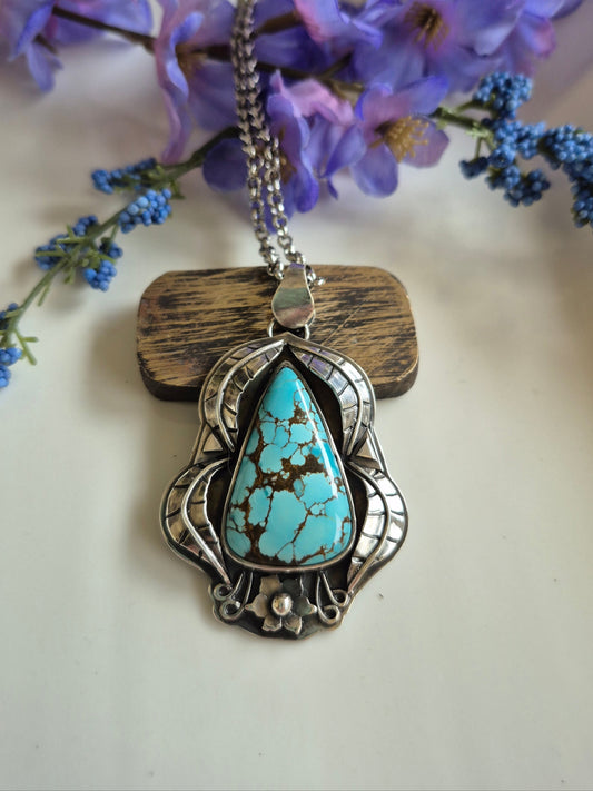 The Becoming Necklace – Blue Turquoise & Silver Leaves