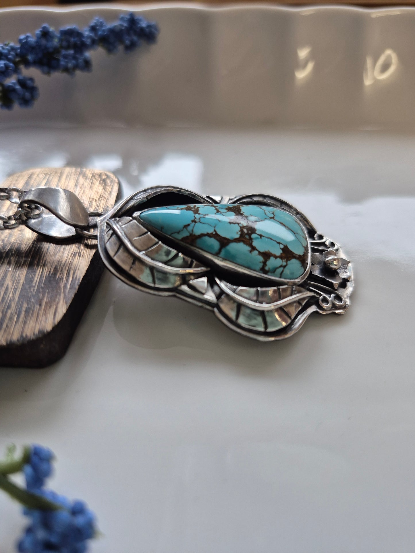 The Becoming Necklace – Blue Turquoise & Silver Leaves
