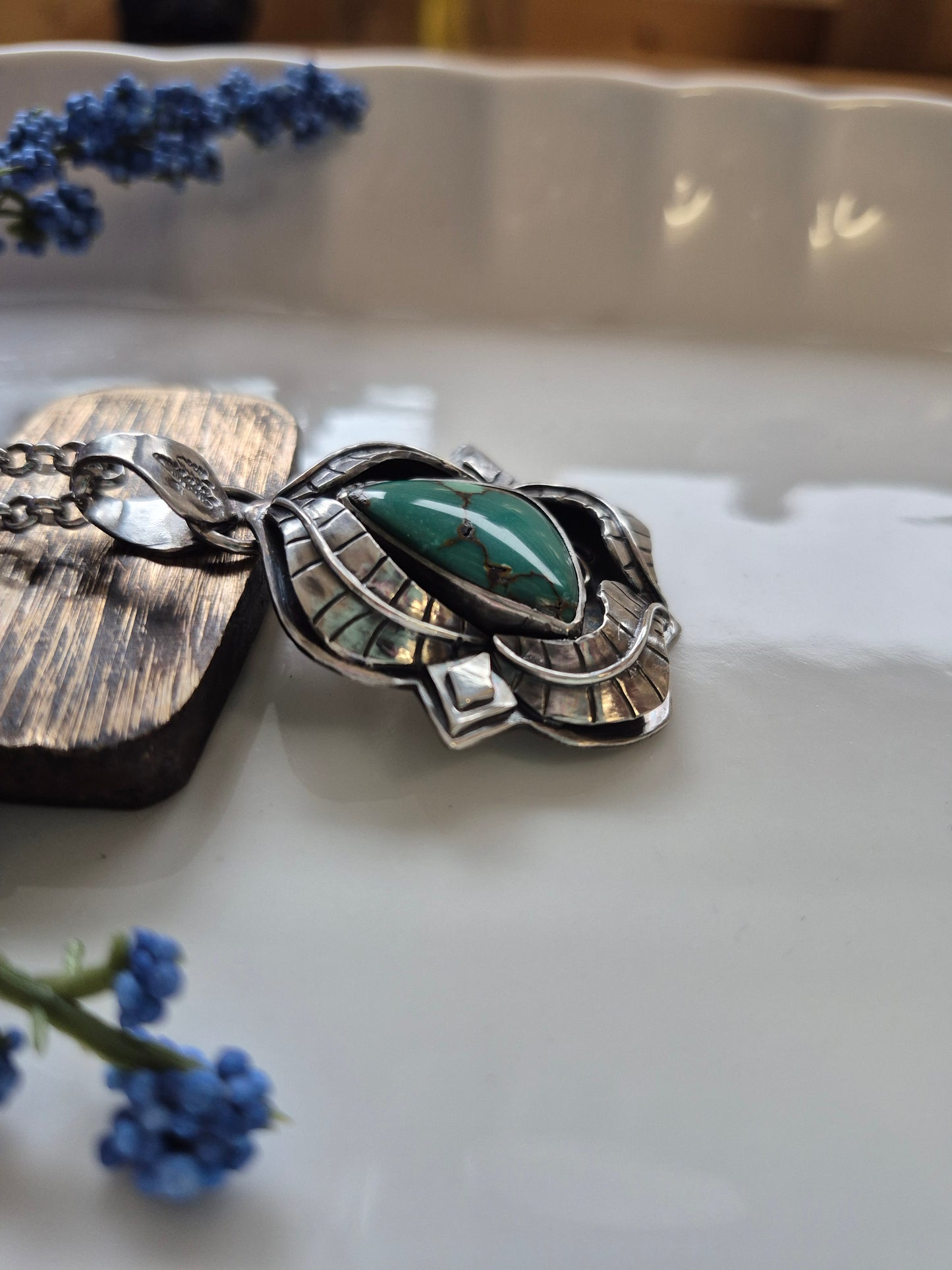 The Renewal Necklace – Green Turquoise & Silver Leaves