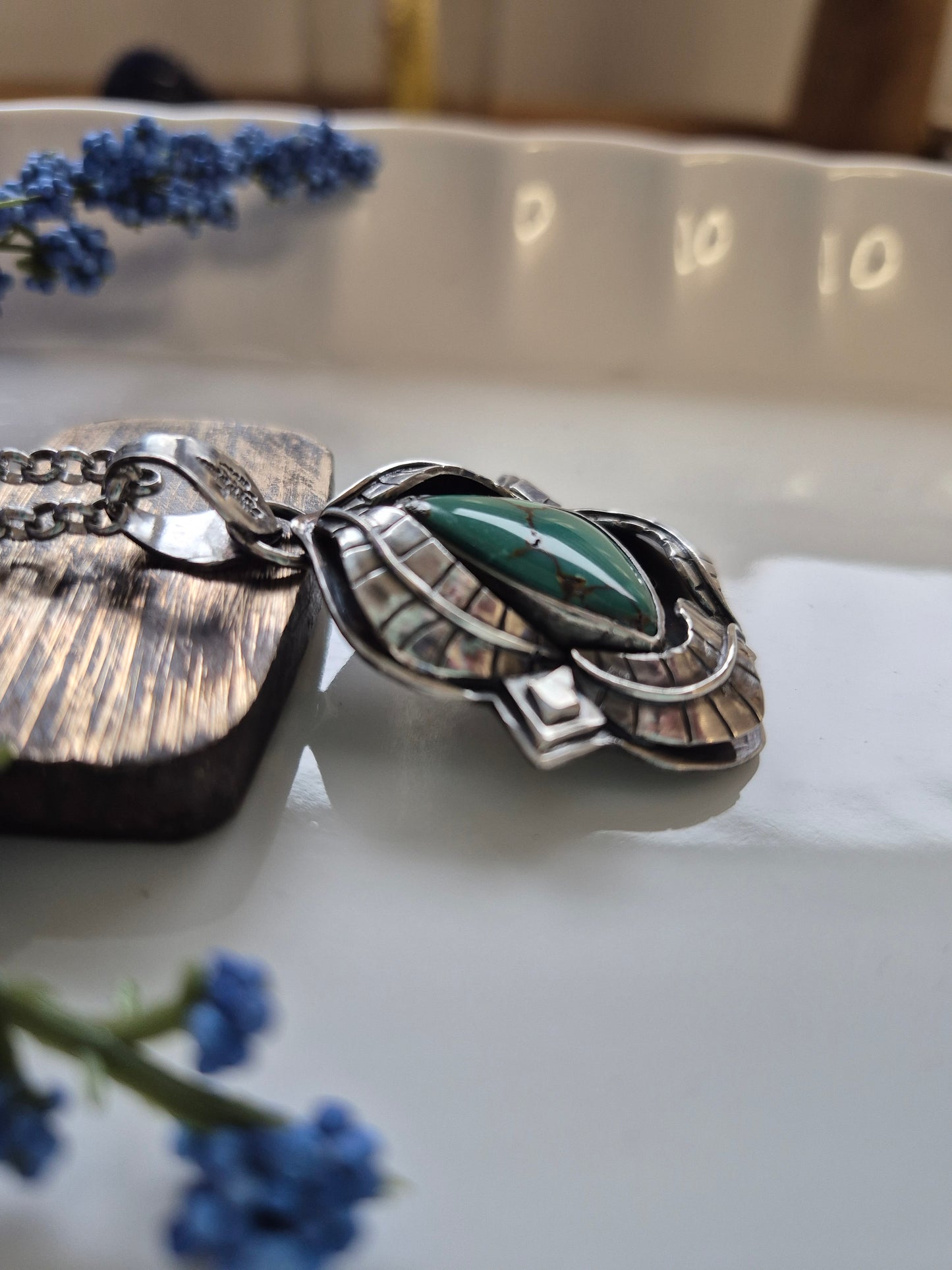 The Renewal Necklace – Green Turquoise & Silver Leaves