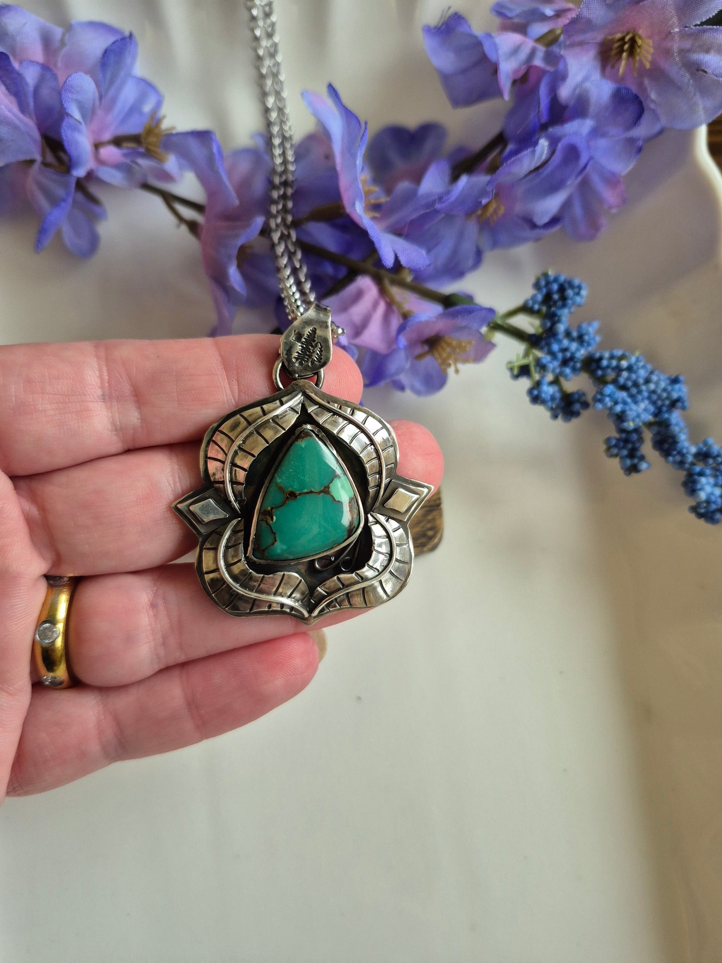 The Renewal Necklace – Green Turquoise & Silver Leaves