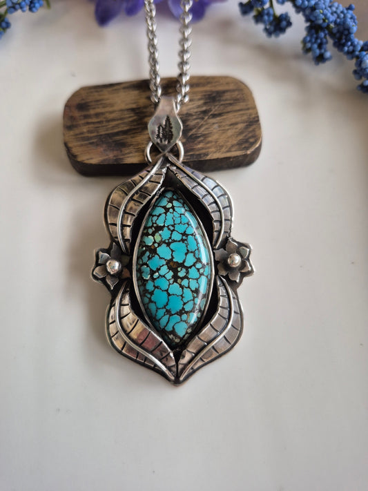 The Earthsong Necklace – Webbed Turquoise & Silver Leaves