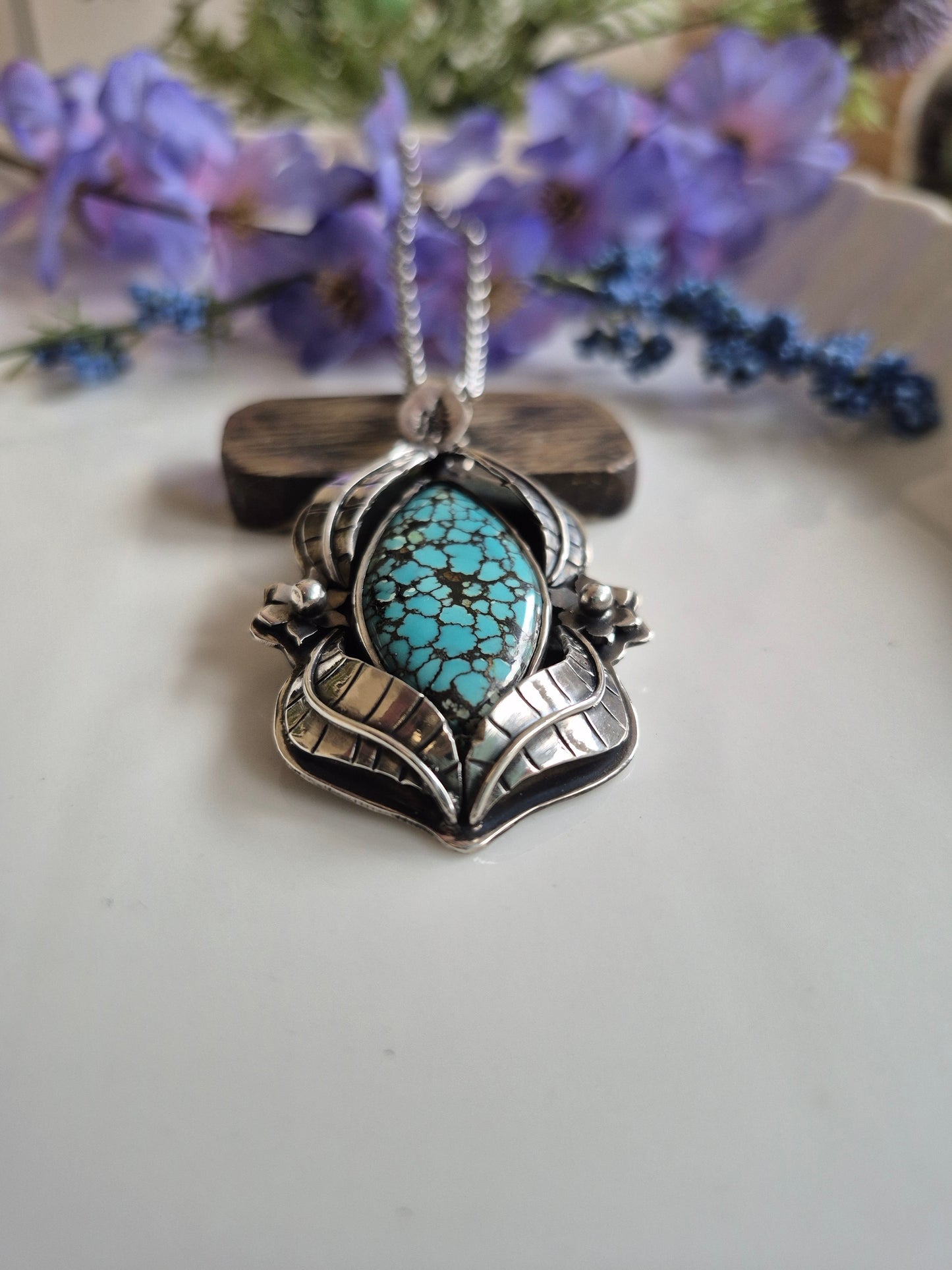 The Earthsong Necklace – Webbed Turquoise & Silver Leaves