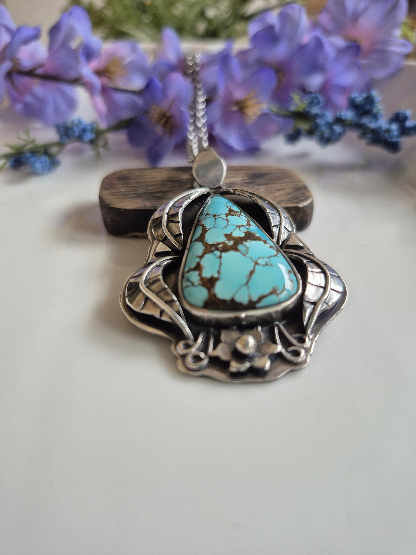 The Becoming Necklace – Blue Turquoise & Silver Leaves