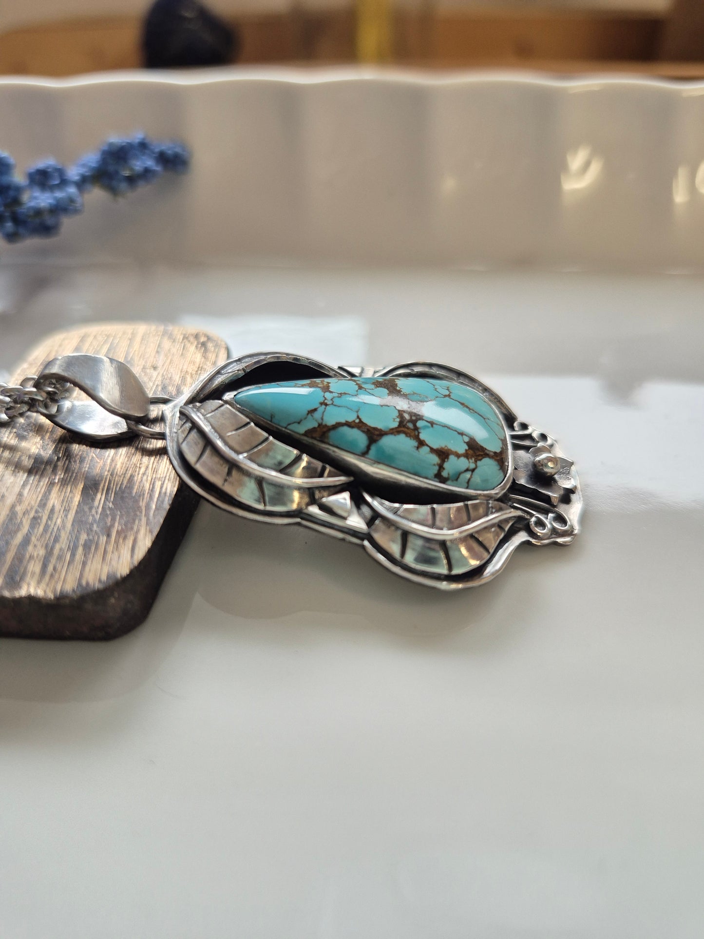 The Becoming Necklace – Blue Turquoise & Silver Leaves