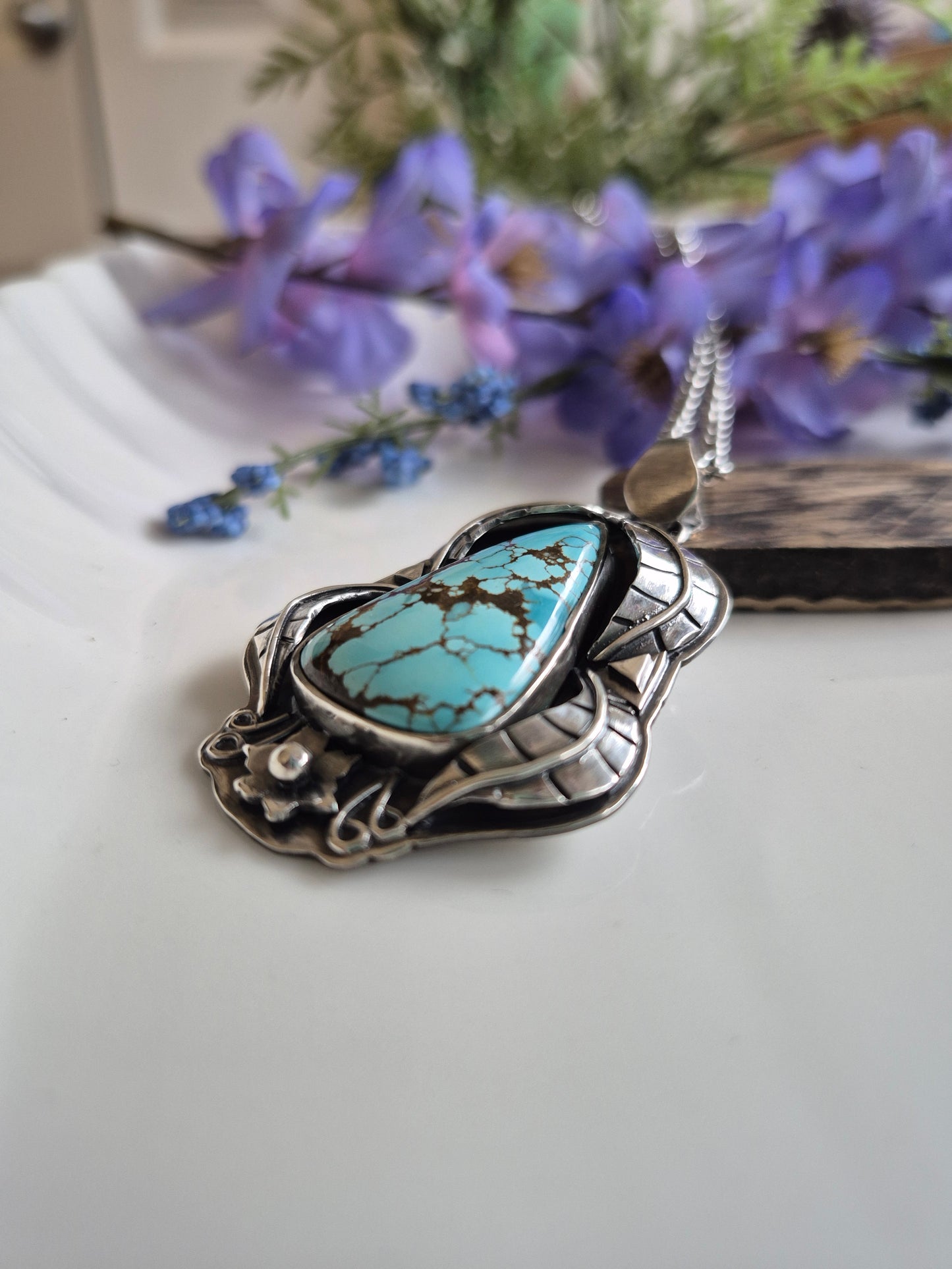 The Becoming Necklace – Blue Turquoise & Silver Leaves