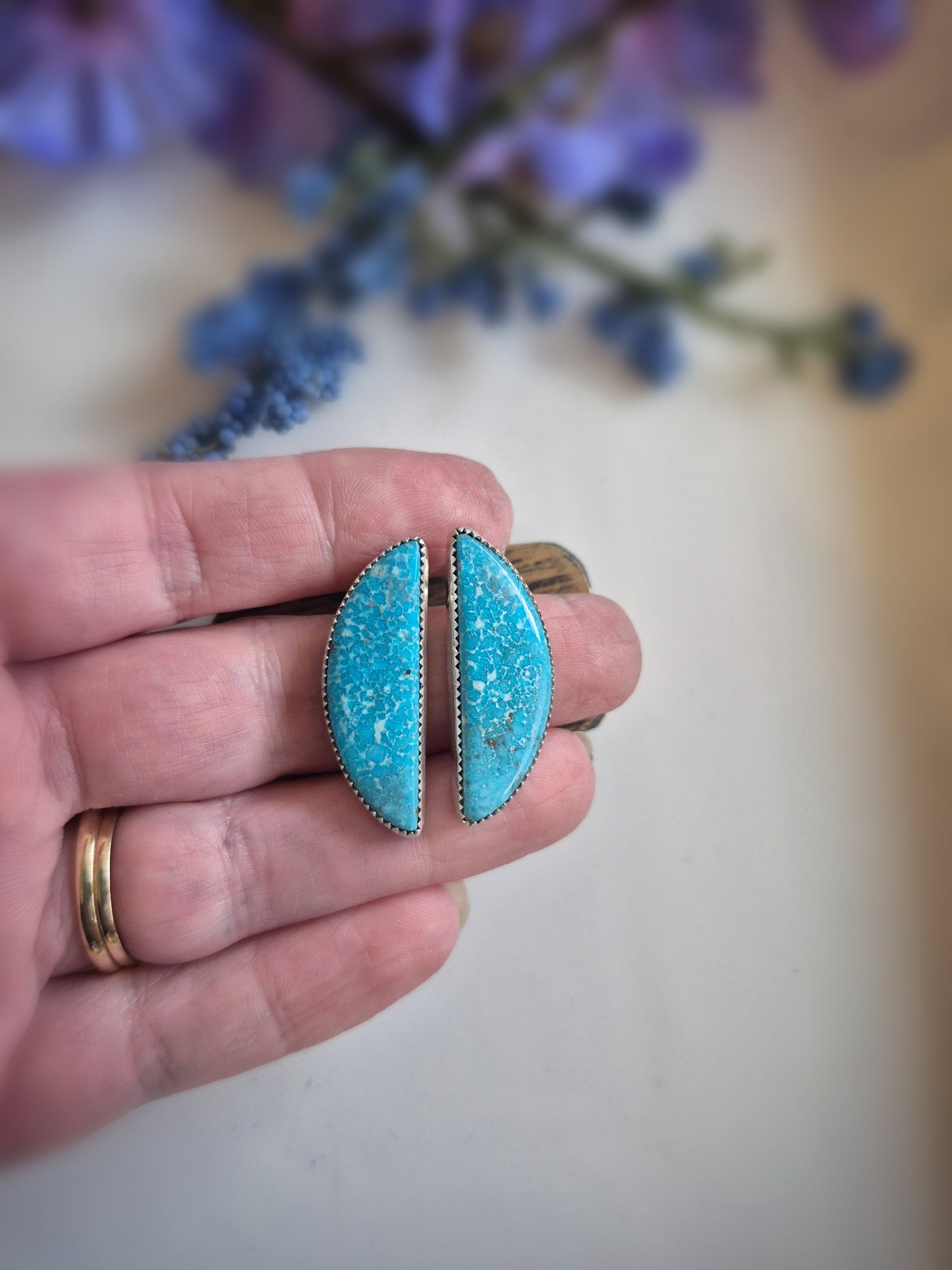 Skyline Prairie Earrings – Long Crescent Deep Blue Turquoise Studs