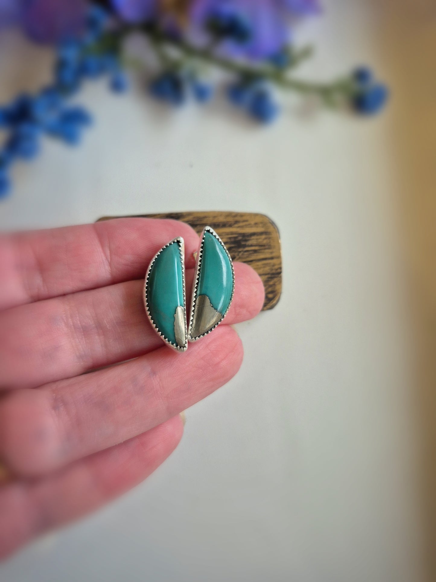 Prairie Grass Earrings – Long Crescent Green Turquoise Studs