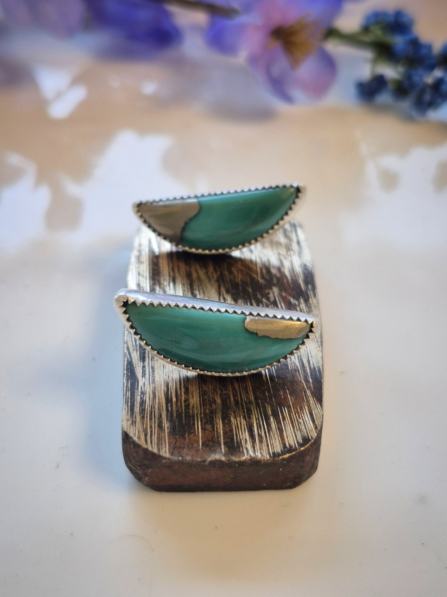 Prairie Grass Earrings – Long Crescent Green Turquoise Studs