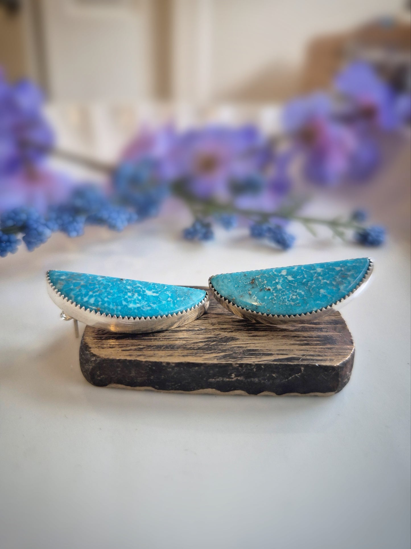 Skyline Prairie Earrings – Long Crescent Deep Blue Turquoise Studs