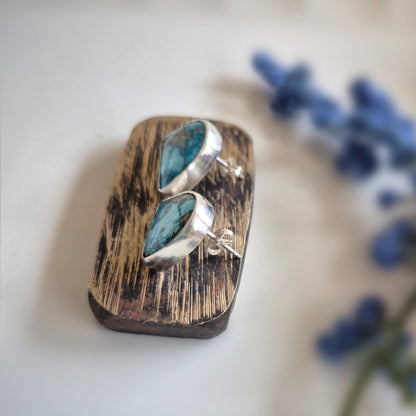 Silver turquoise stud earrings on a wooden background accompanied by a branch of blue flowers.