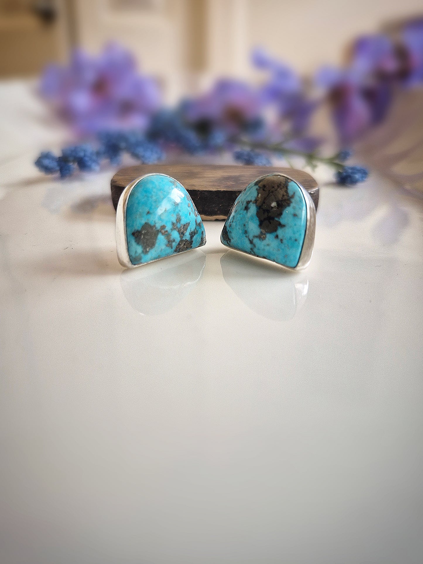 Prairie Gold Earrings – Wide Crescent Blue Turquoise Studs