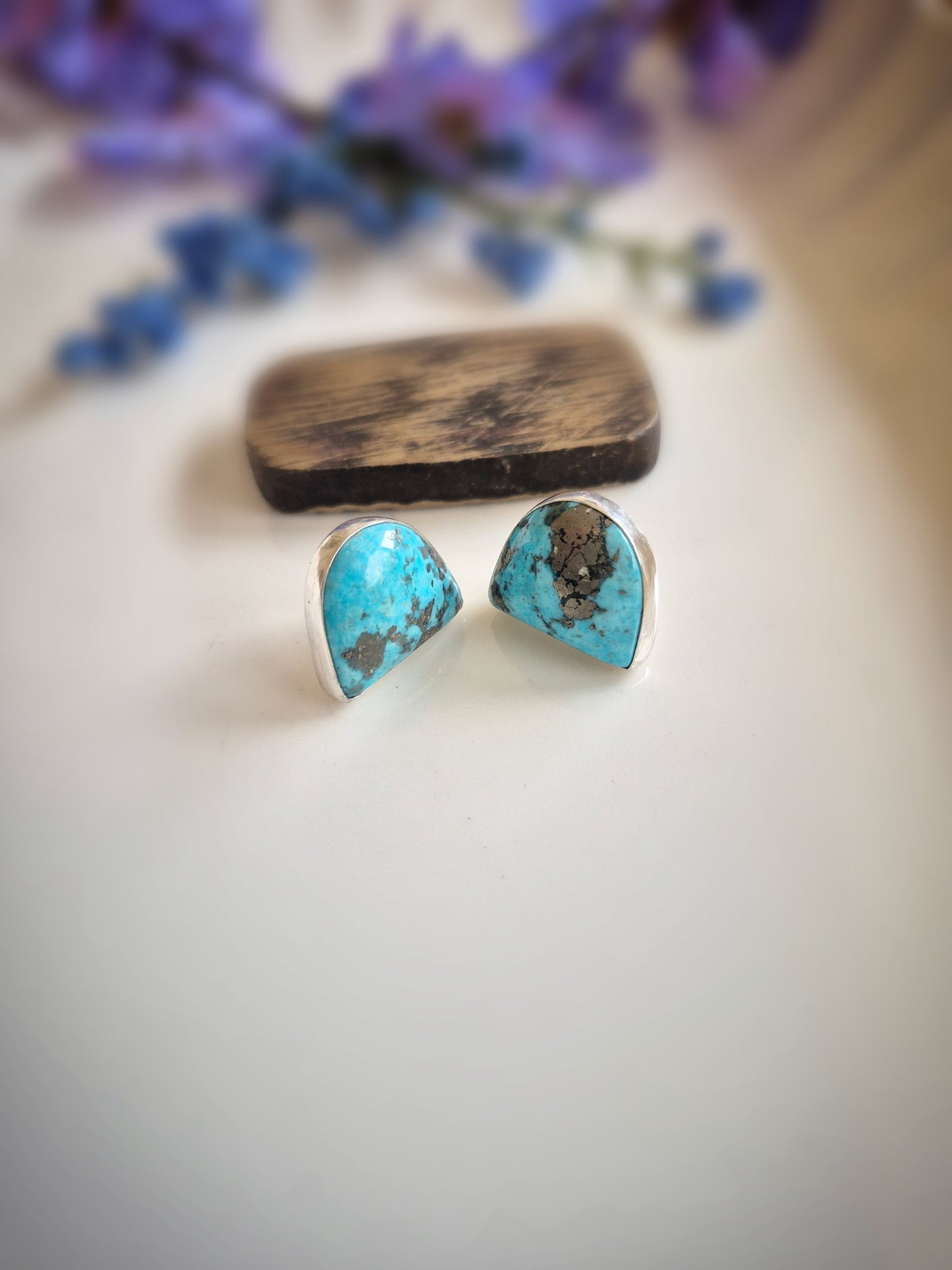 Prairie Gold Earrings – Wide Crescent Blue Turquoise Studs