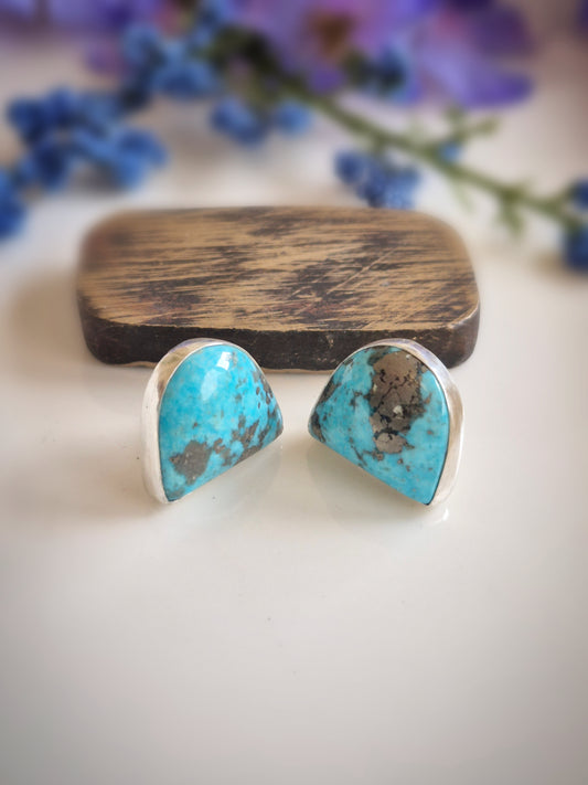 Prairie Gold Earrings – Wide Crescent Blue Turquoise Studs