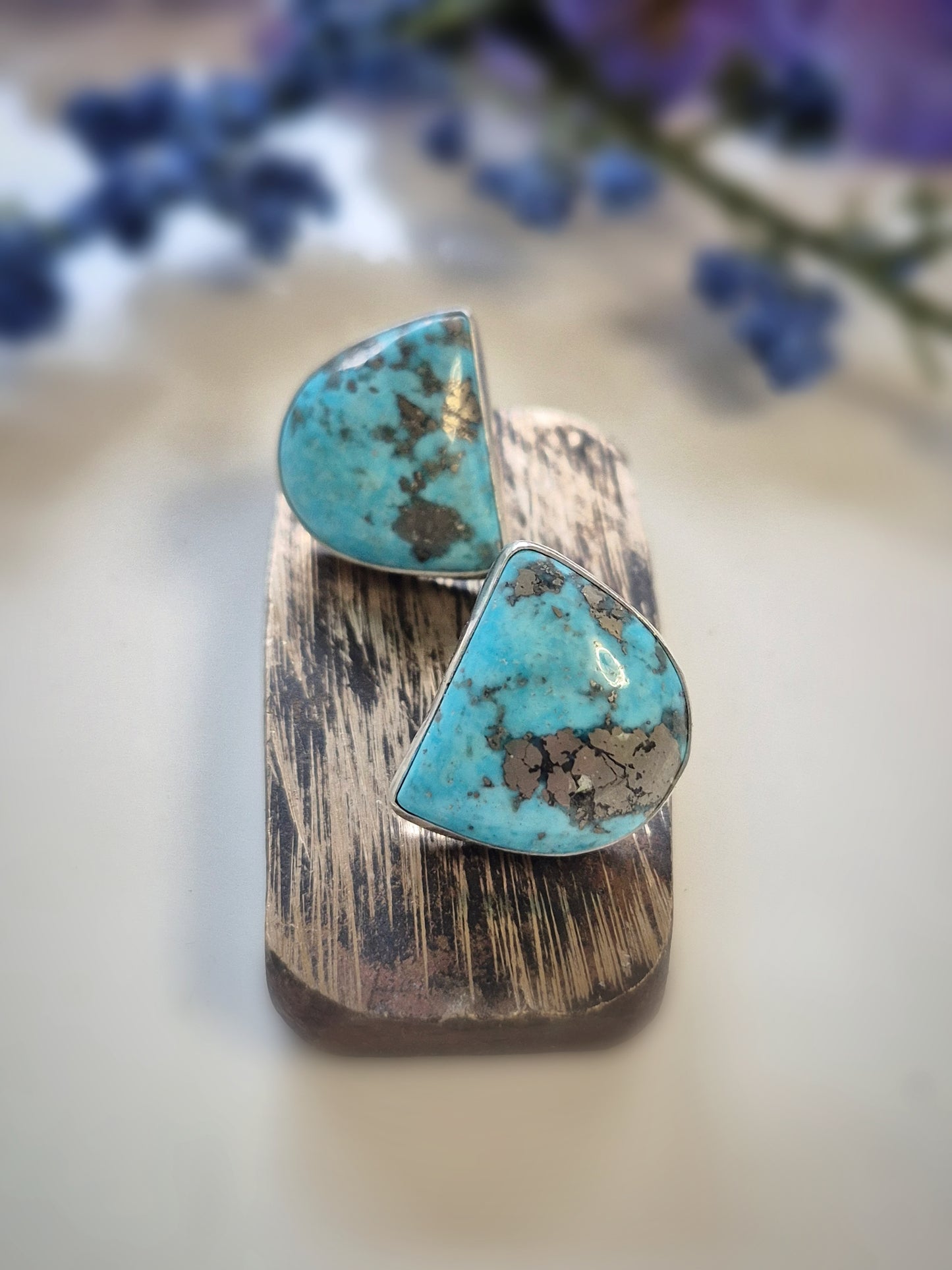 Prairie Gold Earrings – Wide Crescent Blue Turquoise Studs