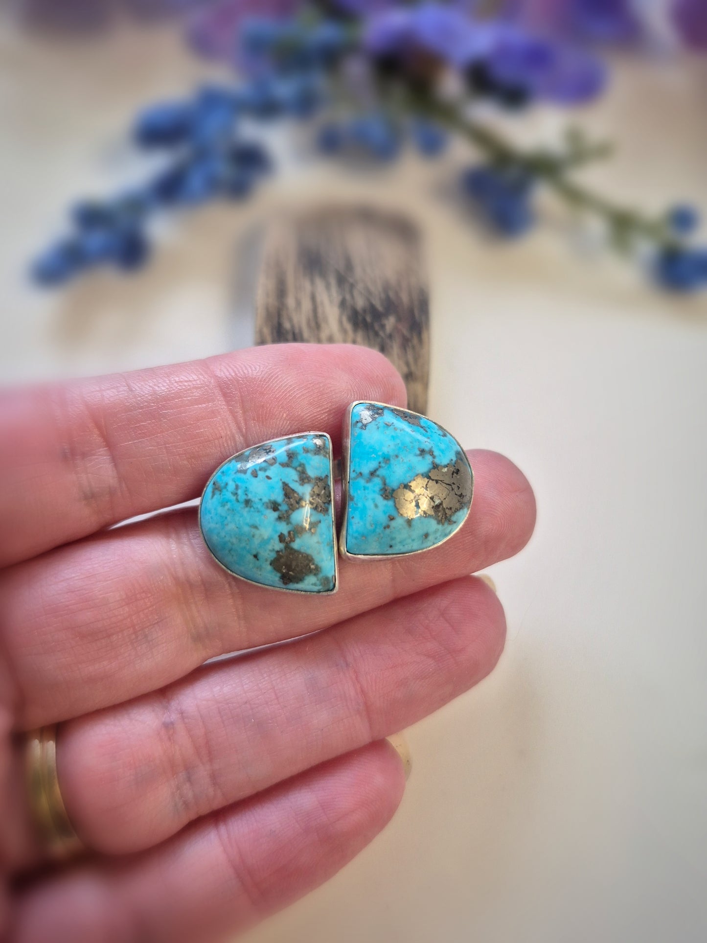 Prairie Gold Earrings – Wide Crescent Blue Turquoise Studs