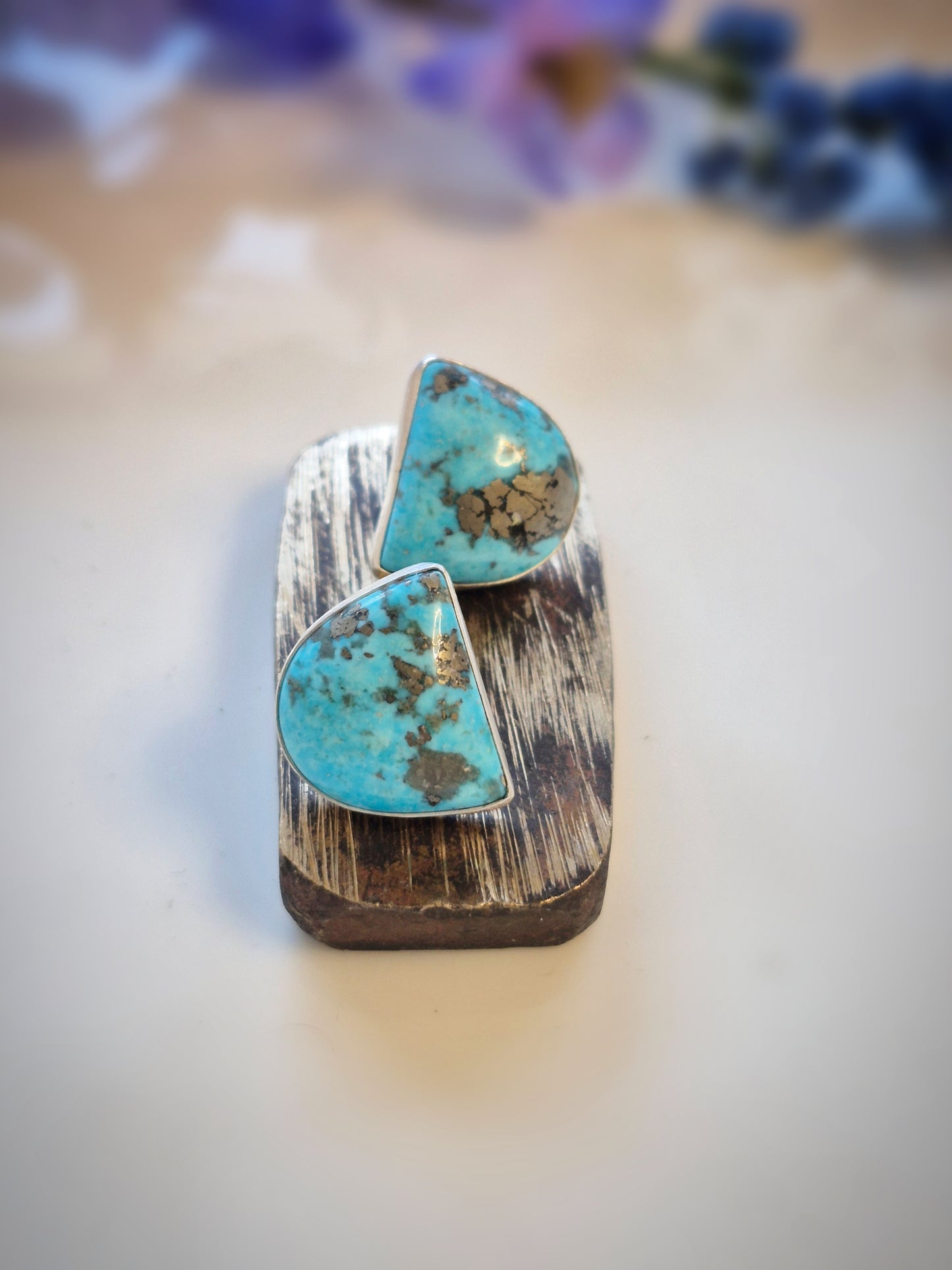 Prairie Gold Earrings – Wide Crescent Blue Turquoise Studs