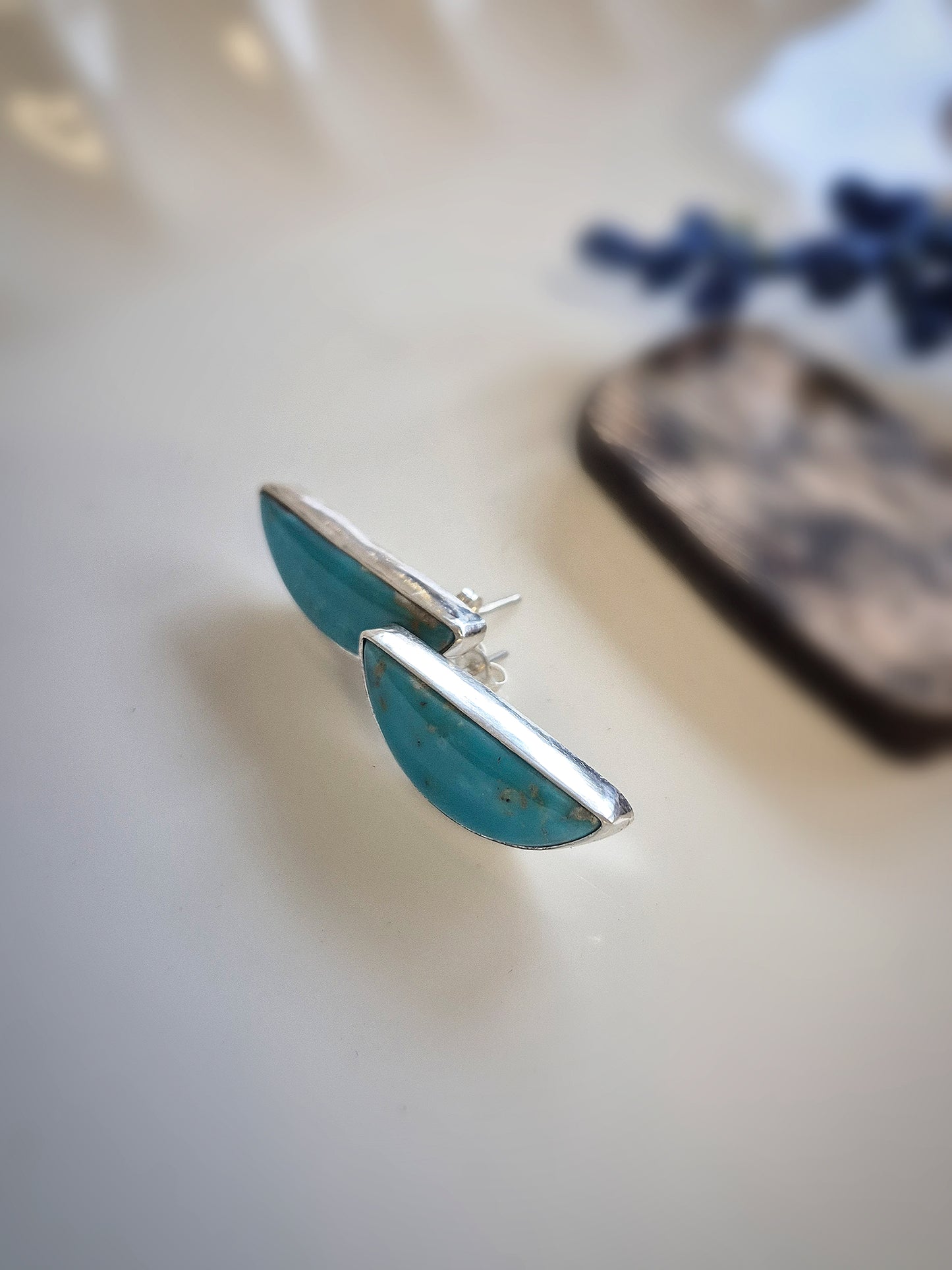 Blue Sky Prairie Earrings – Long Crescent Blue Turquoise Studs