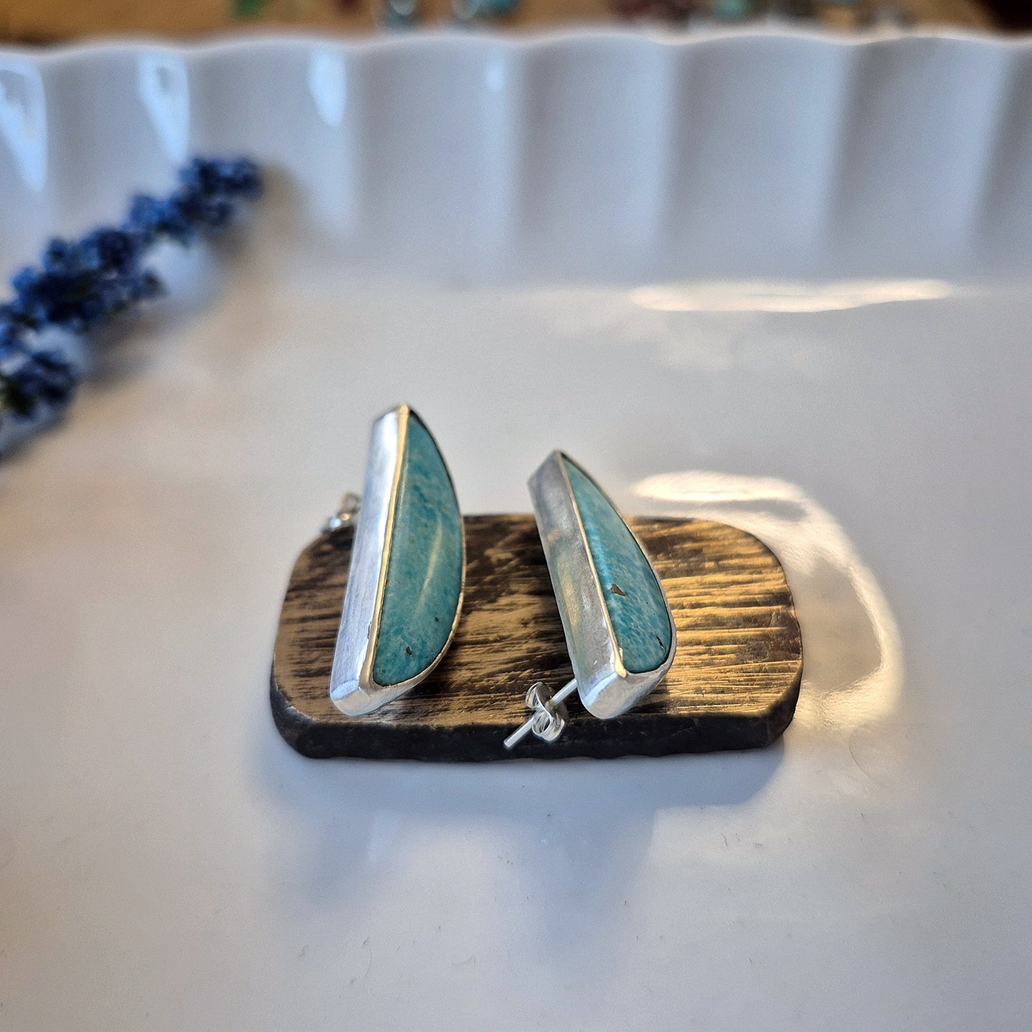 Prairie Blue Earrings – Long Crescent Sky Blue Turquoise Studs