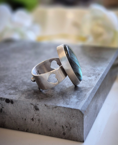 Northern Pulse Ring - Sterling Silver Labradorite - Wood Bison Metal