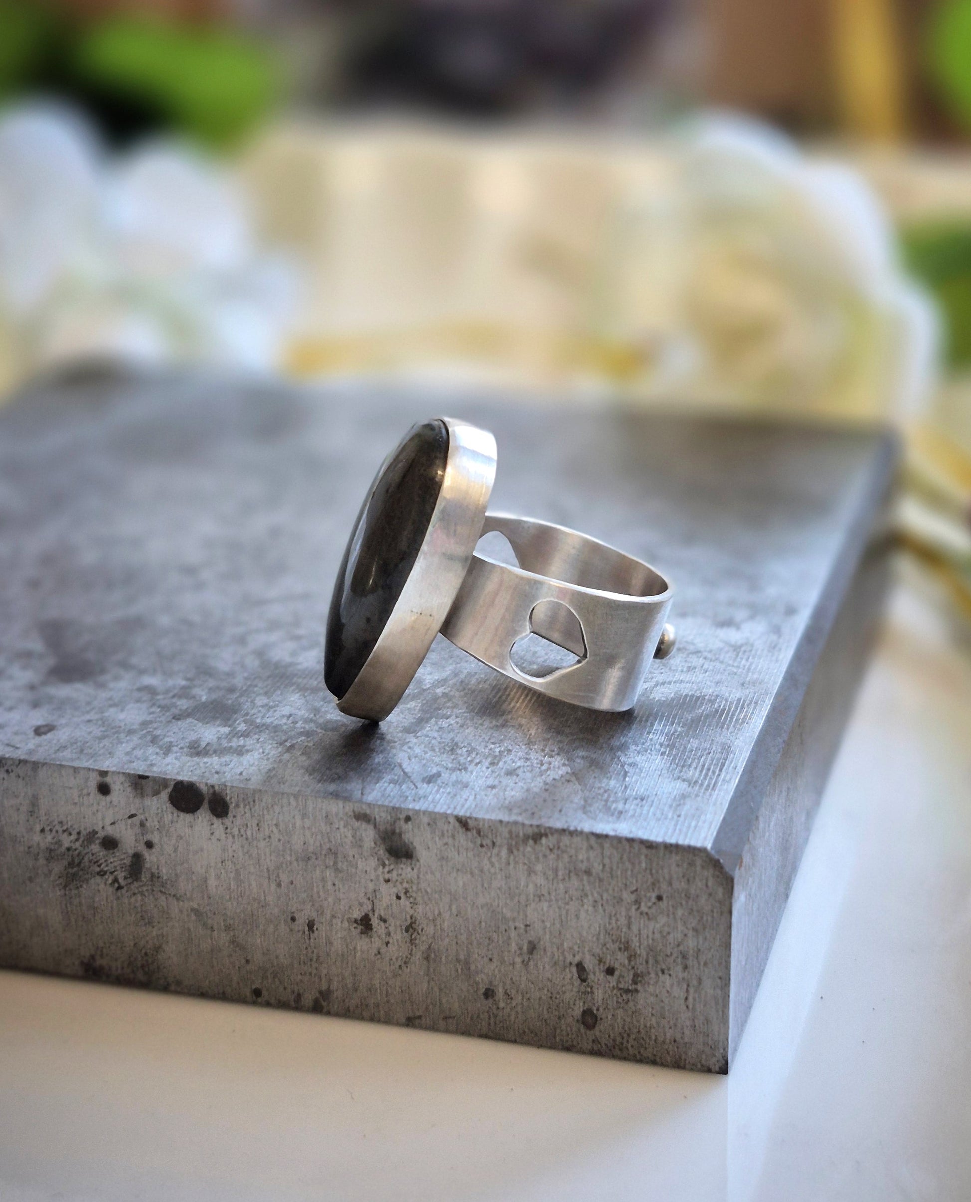 Northern Pulse Ring - Sterling Silver Labradorite - Wood Bison Metal